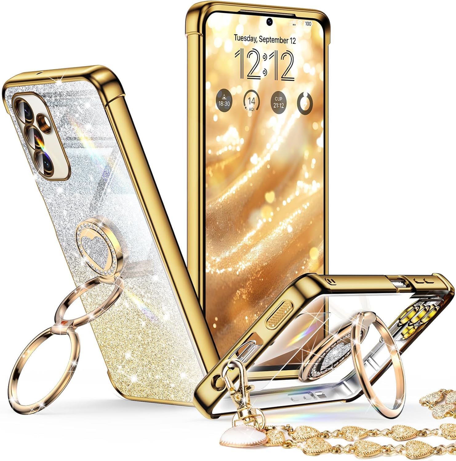 XYZ Classic Chrome Phone Case for Samsung Galaxy A17 in Gold — heart-shaped double ring stand and glossy chrome design