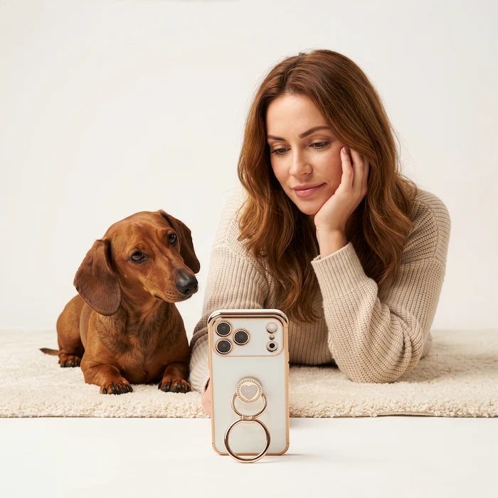XYZ Classic Chrome Set — glossy chrome finish with heart-shaped double ring stand, with a dog all-groups