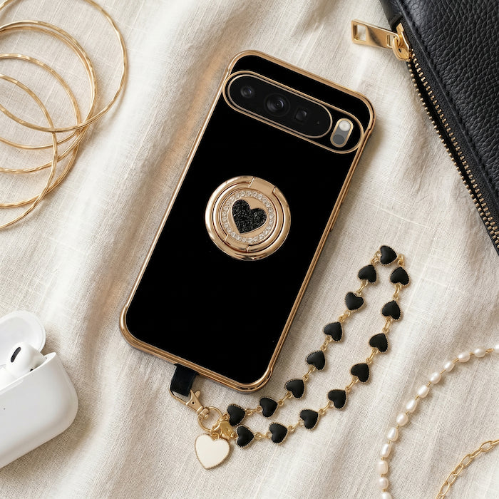 XYZ Classic Chrome Phone Case for Google Pixel 10 in Black — heart-shaped double ring stand and glossy chrome design all-groups