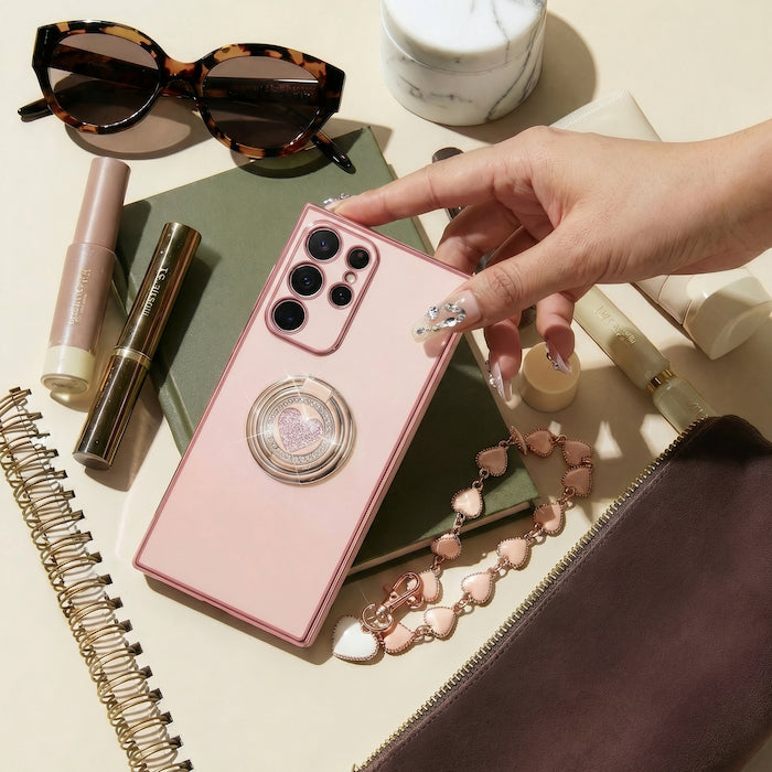XYZ Classic Chrome Phone Case for Samsung Galaxy S26 in Pink — heart-shaped double ring stand and glossy chrome design all-groups