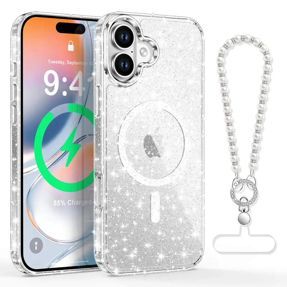 XYZ Cosmic Pearls Phone Case for iPhone 16 — pearlescent glitter finish with MagSafe compatibility