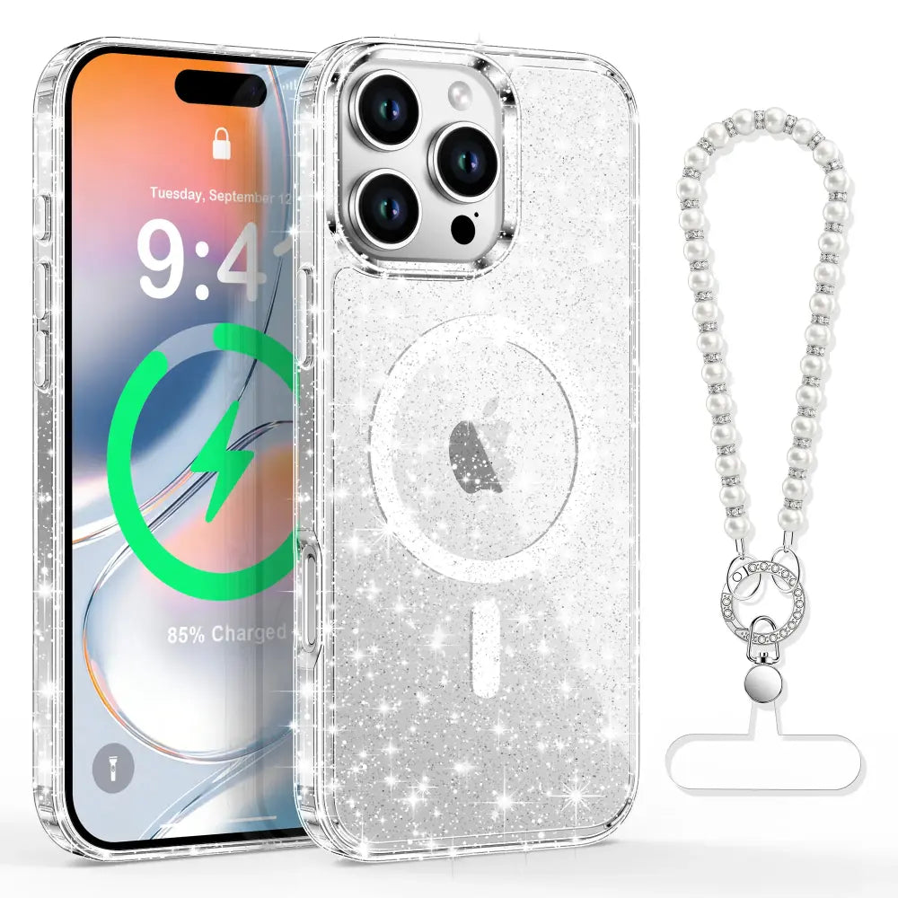 XYZ Cosmic Pearls Phone Case for iPhone 16 Pro Max — pearlescent glitter finish with MagSafe compatibility