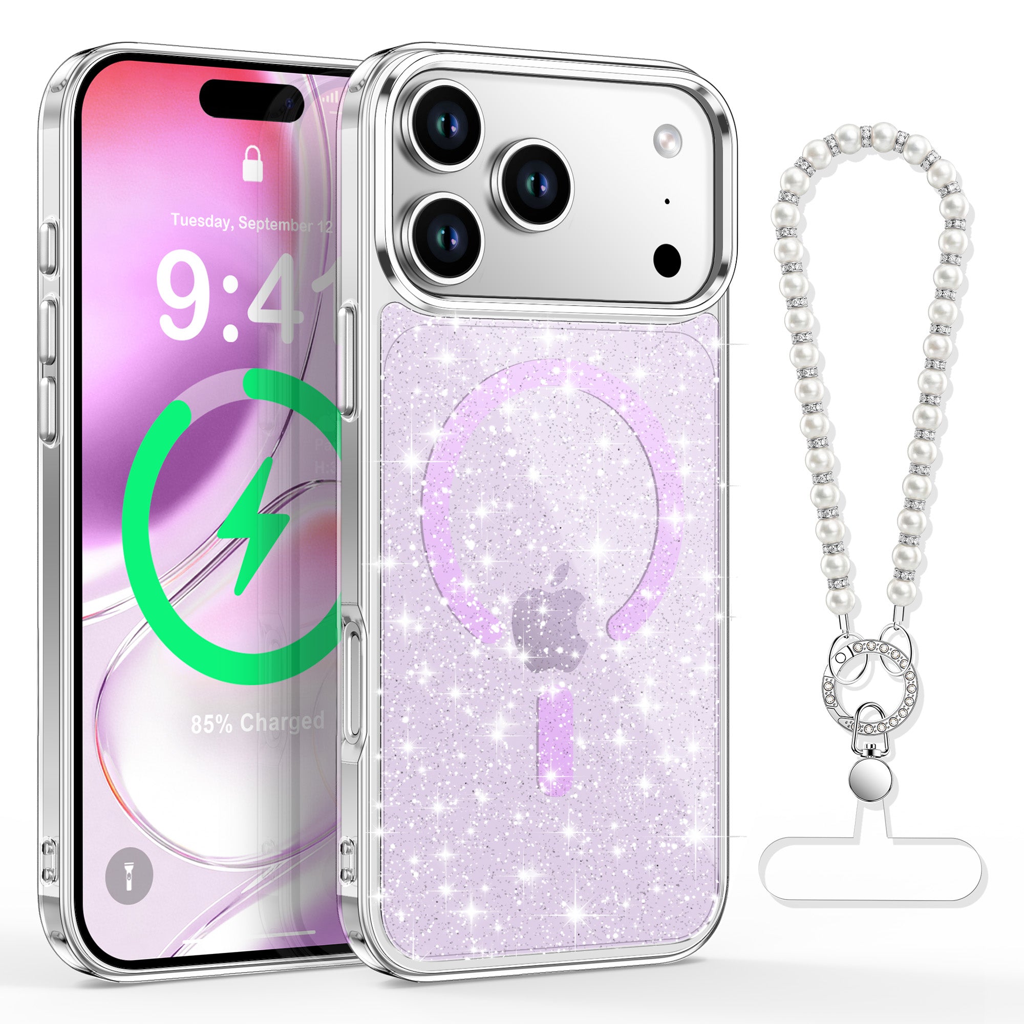 XYZ Cosmic Pearls Phone Case for iPhone 17 Pro Max in Purple — pearlescent glitter finish with MagSafe compatibility