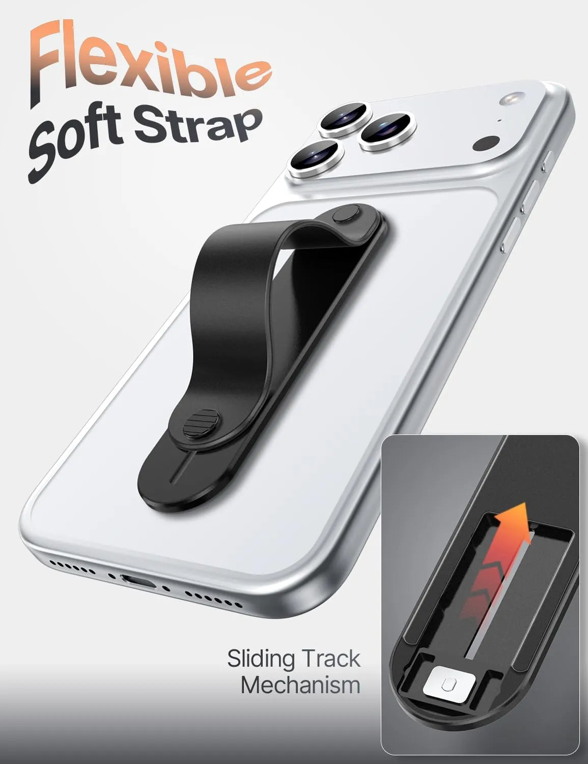 GripMate Slim Black flexible soft strap on a sliding metal track