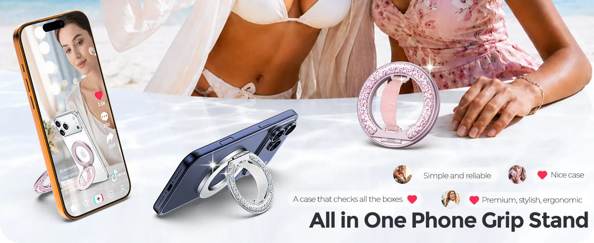 GripMate Ring used as an all-in-one phone grip and stand for filming and video calls