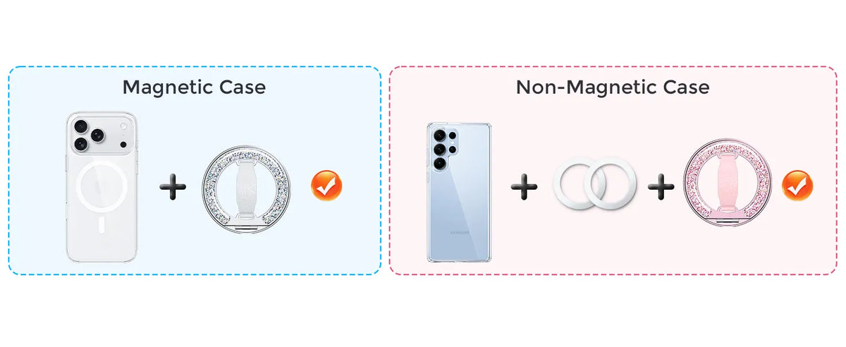 GripMate Ring compatibility: works with magnetic cases, or non-magnetic cases using the two included metal rings