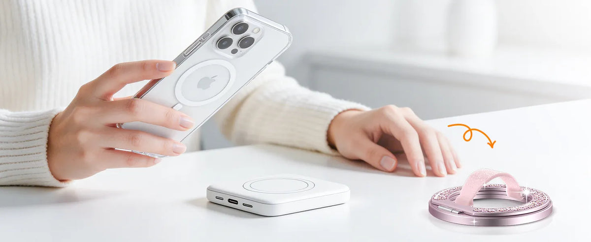 GripMate Ring lifted off the phone so it can sit on a MagSafe wireless charger