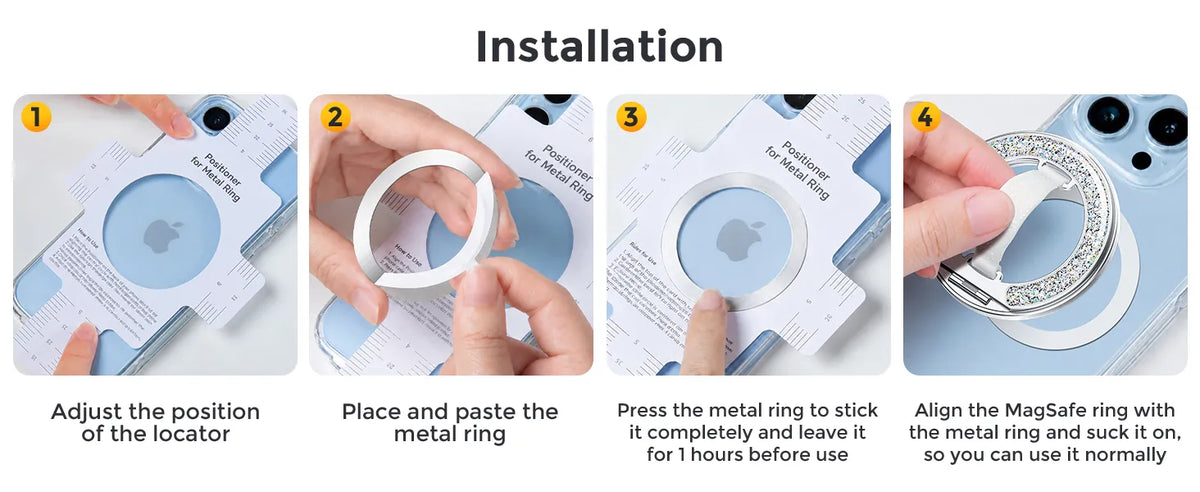 Four step installation guide for sticking the GripMate Ring metal ring using the included locator card