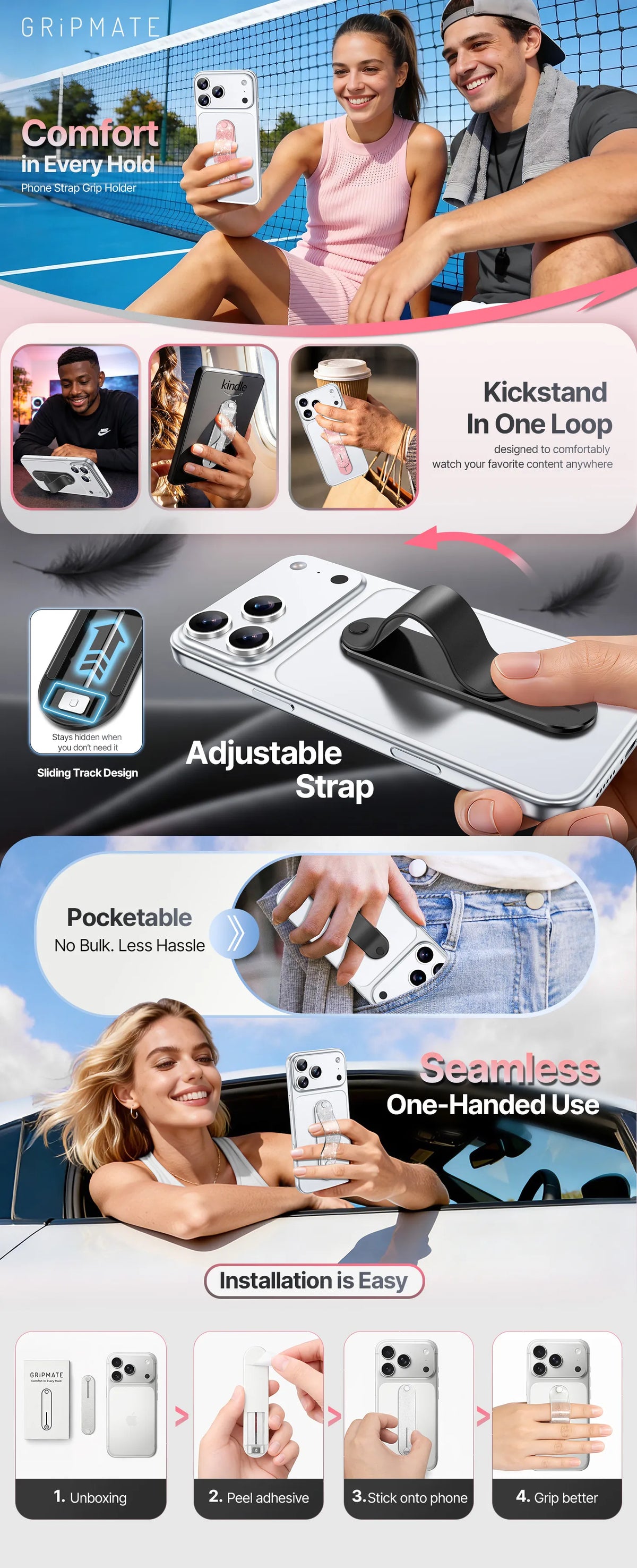 GripMate Slim adhesive phone strap grip - comfortable hold, pull-up kickstand, adjustable sliding strap, pocketable slim profile and 4-step peel-and-stick installation
