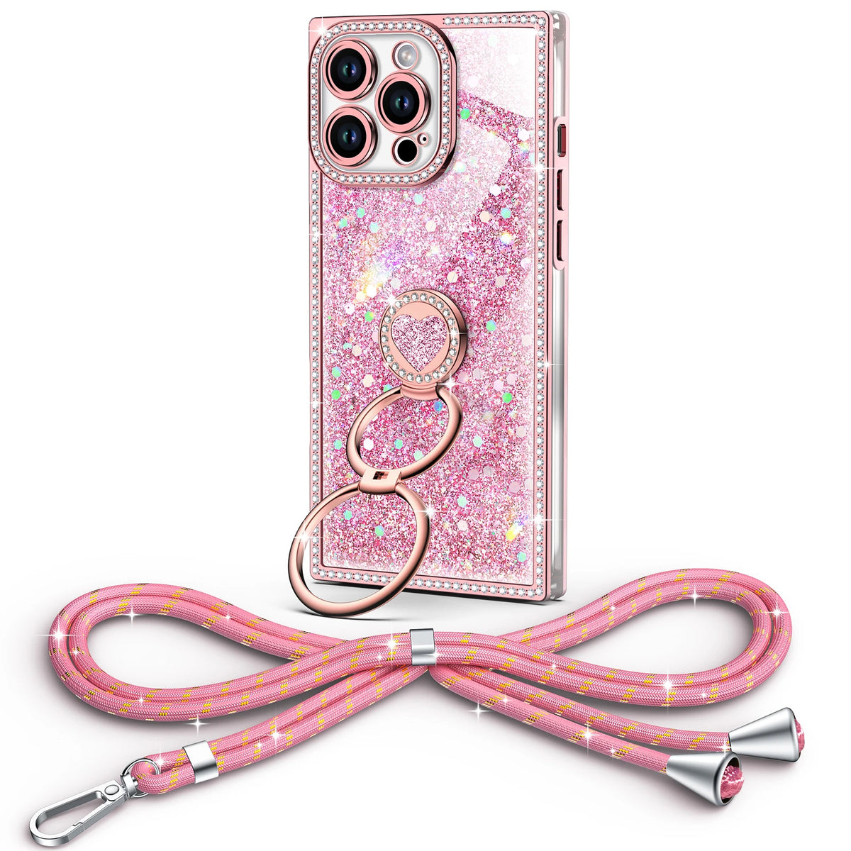 Sparkle Stones Y2K rhinestone phone case for iPhone 14 Pro with ring stand and crossbody strap