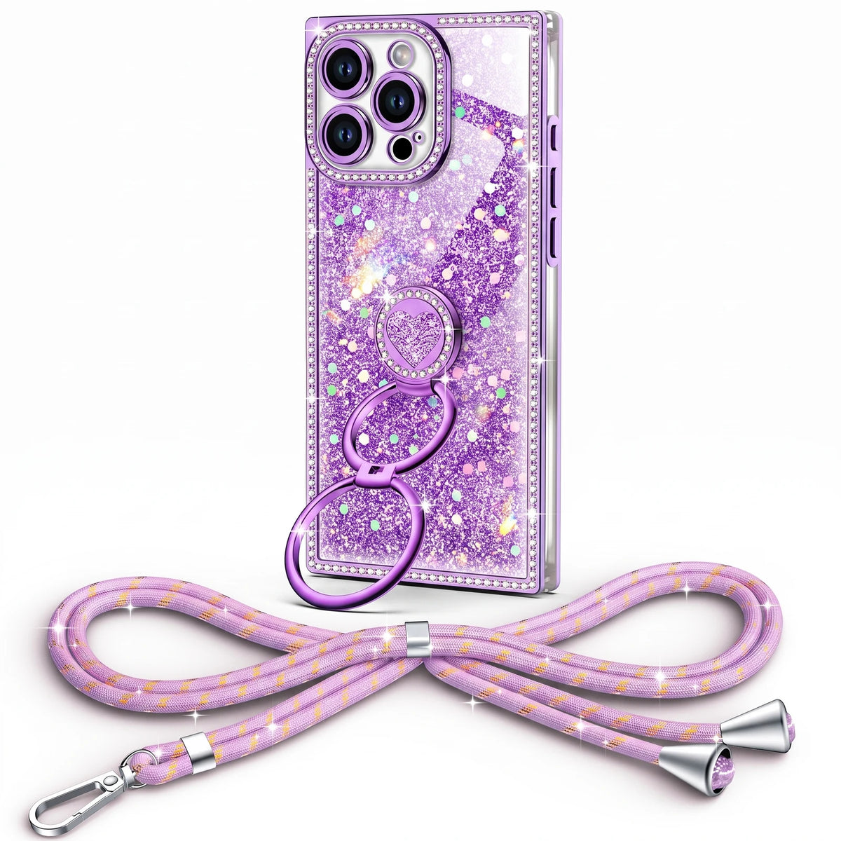 Sparkle Stones Y2K rhinestone phone case for iPhone 15 Pro with ring stand and crossbody strap