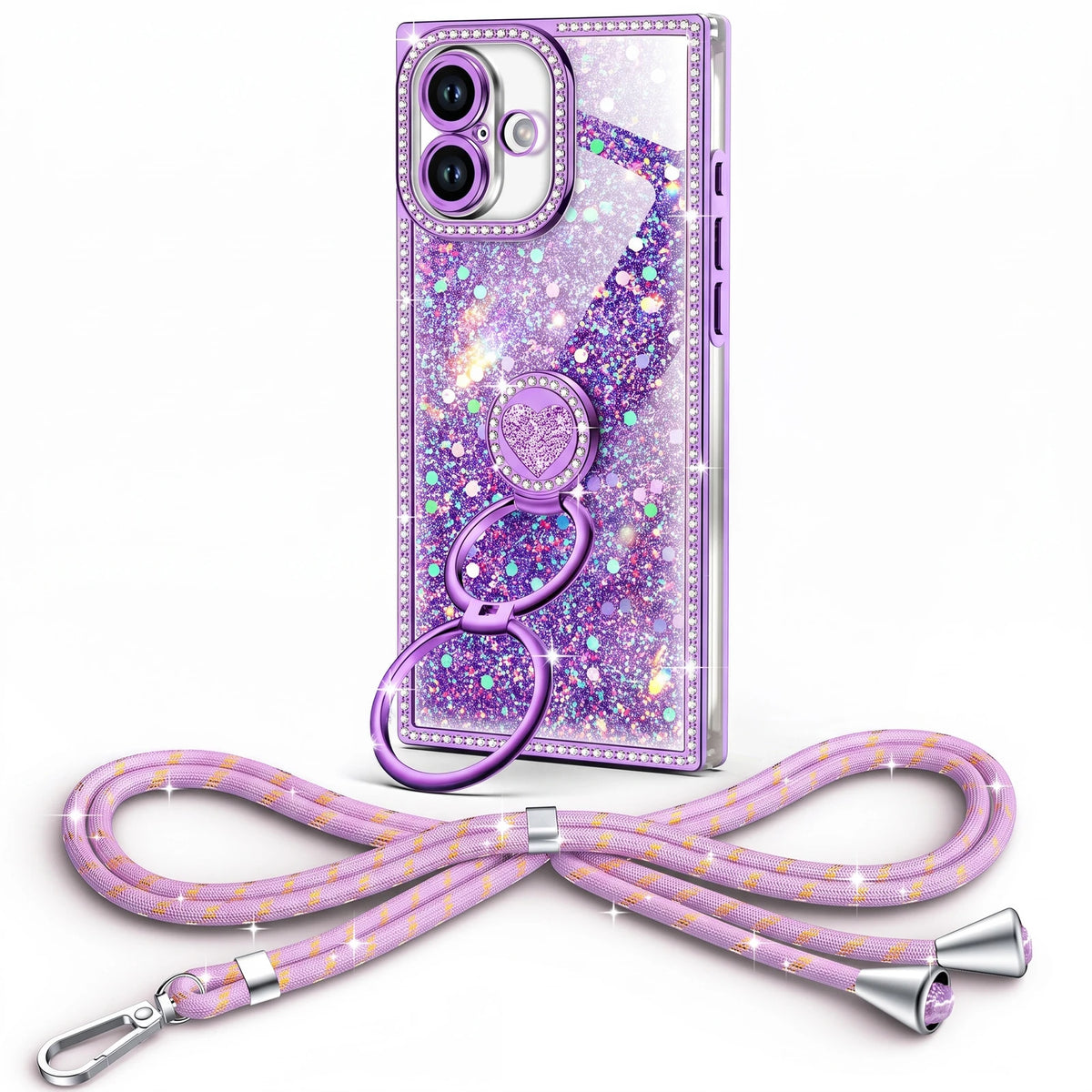Sparkle Stones Y2K rhinestone phone case for iPhone 16 Plus with ring stand and crossbody strap