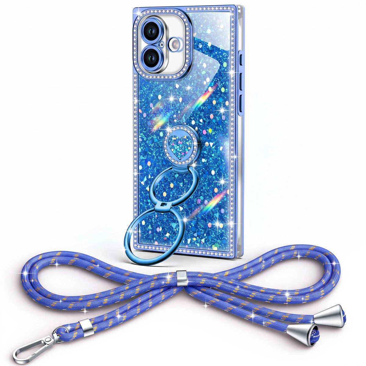 XYZ Sparkle Stones Phone Case for iPhone 16 in Blue — crystal-lined edges with dual ring stand and braided lanyard