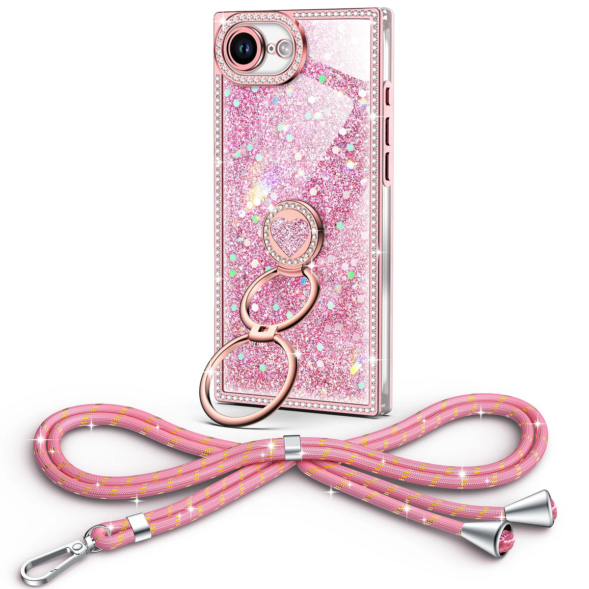 Sparkle Stones Y2K rhinestone phone case for iPhone 16e / SE4 with ring stand and crossbody strap