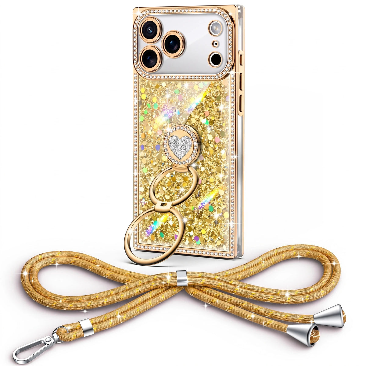 Sparkle Stones Y2K rhinestone phone case for iPhone 17 Pro Max with ring stand and crossbody strap