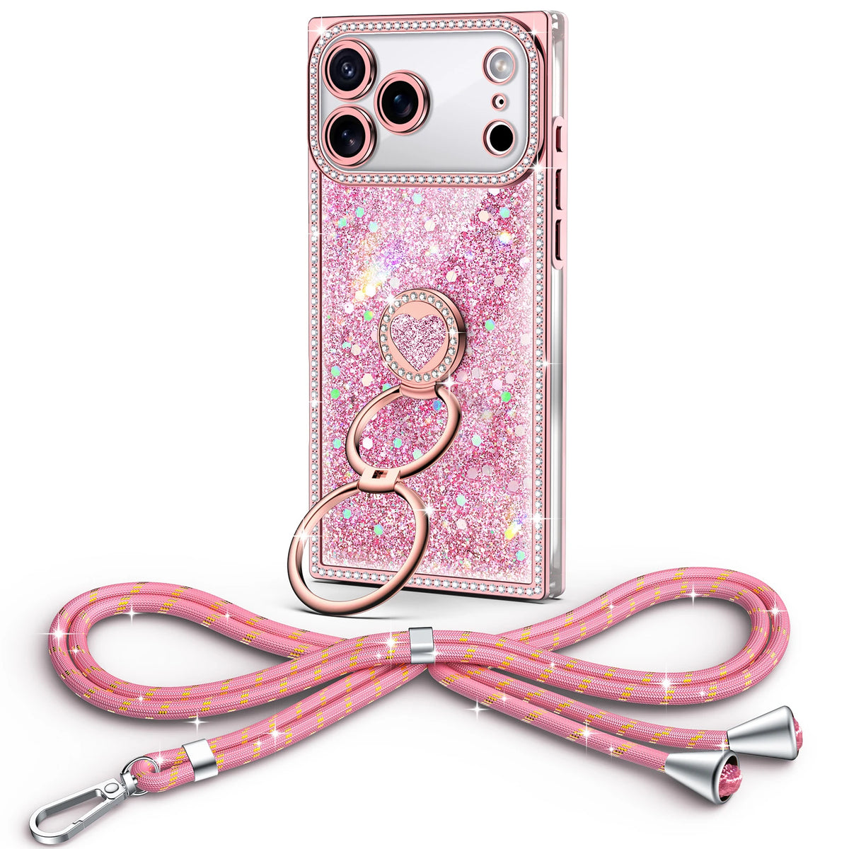 Sparkle Stones Y2K rhinestone phone case for iPhone 17 Pro Max with ring stand and crossbody strap