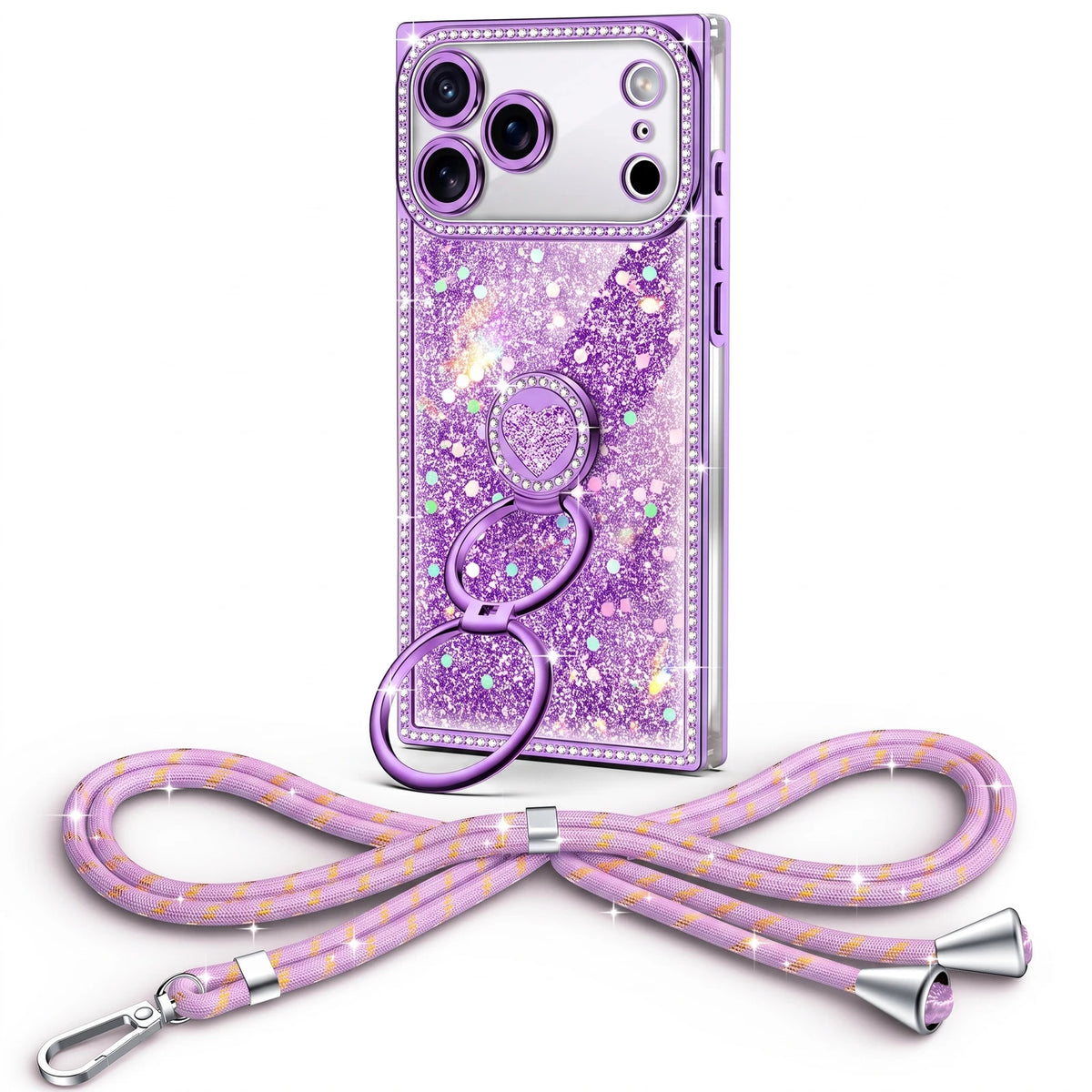 Sparkle Stones Y2K rhinestone phone case for iPhone 17 Pro Max with ring stand and crossbody strap