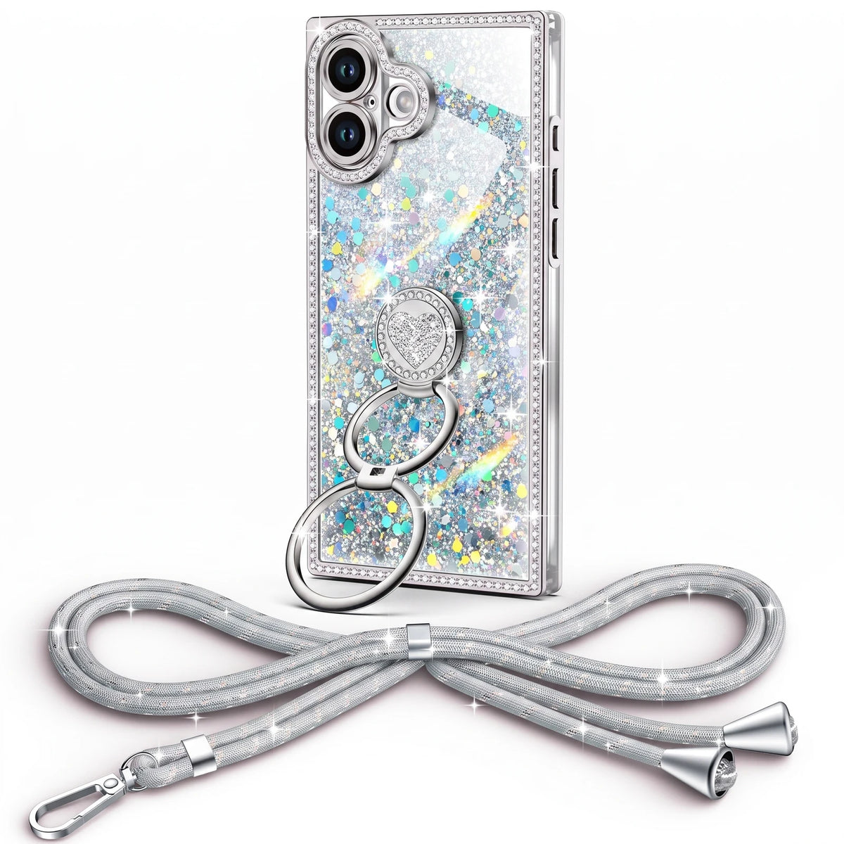 Sparkle Stones Y2K rhinestone phone case for iPhone 17 with ring stand and crossbody strap