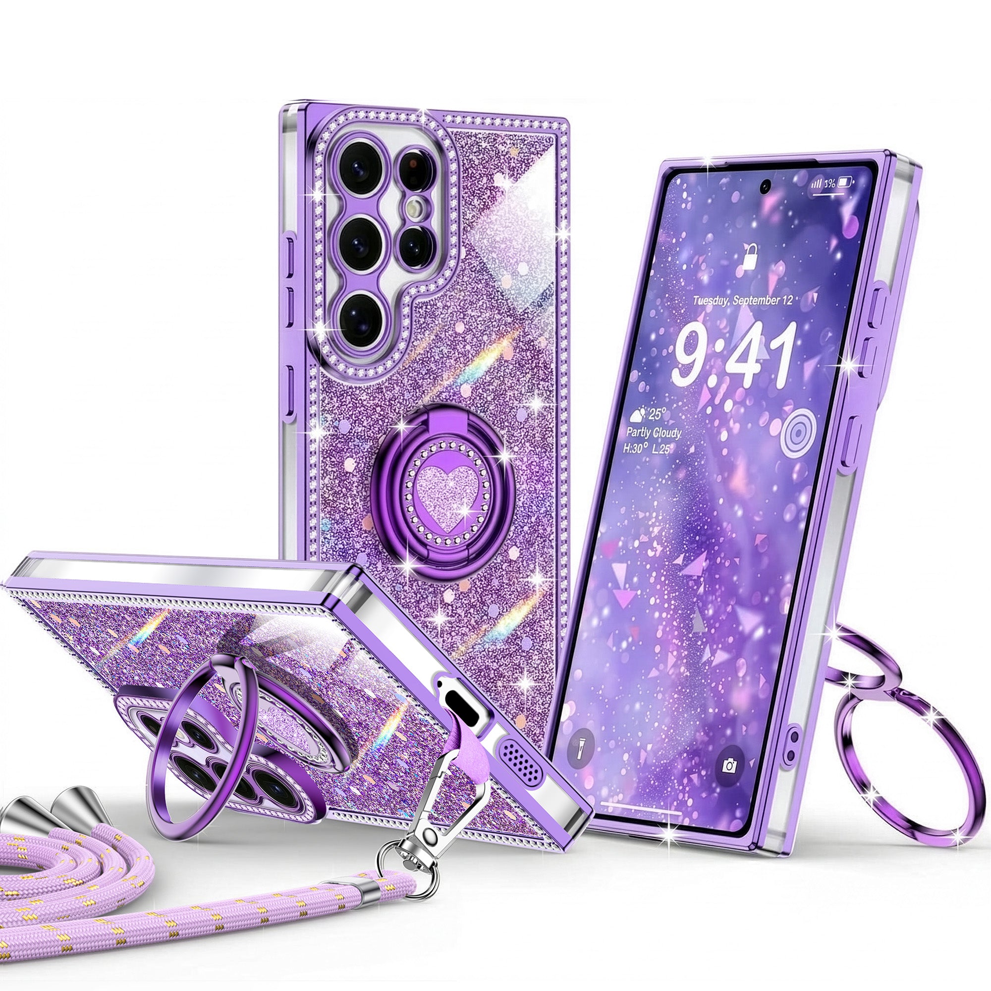 Purple glittery phone case with ring holder and stand on a white background