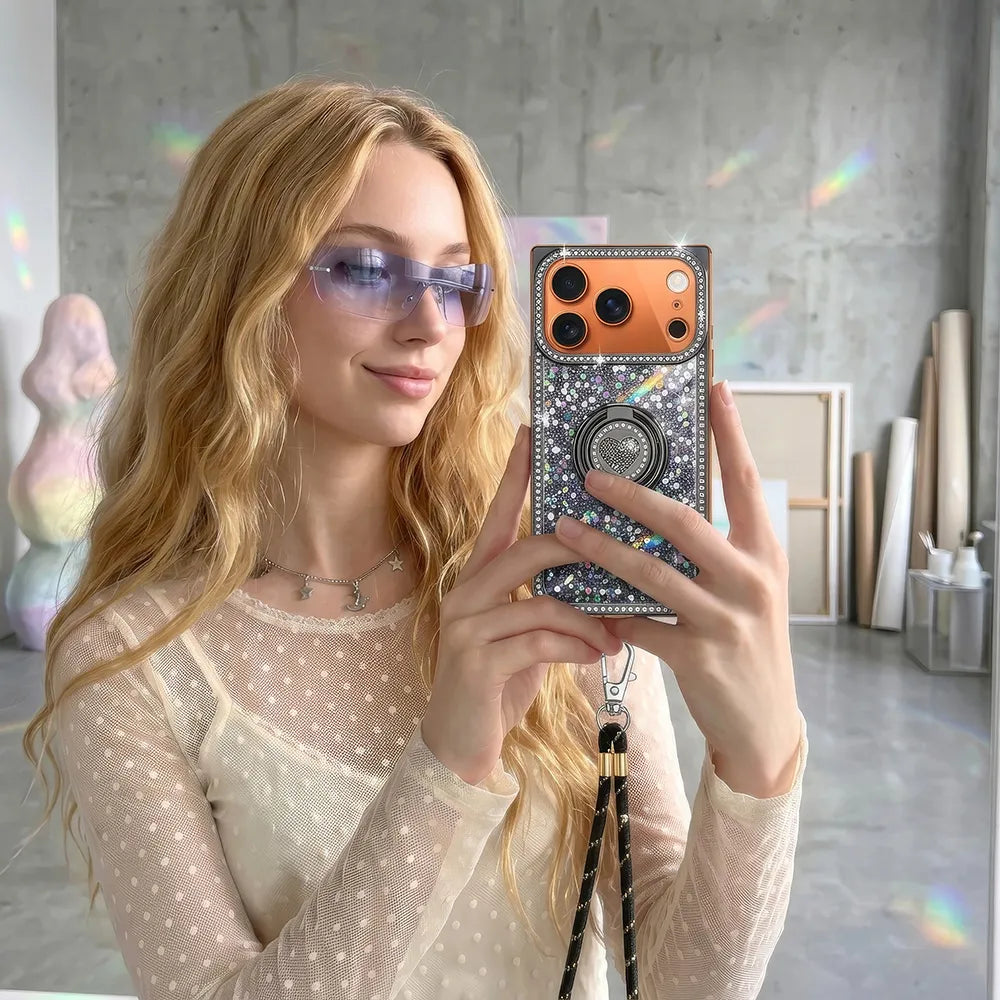 XYZ Sparkle Stones Set — crystal-lined edges with dual ring stand and braided lanyard, in a mirror selfie all-groups