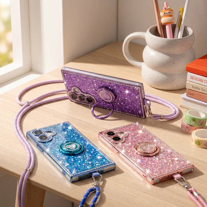 XYZ Sparkle Stones Set — crystal-lined edges with dual ring stand and braided lanyard, on a desk all-groups