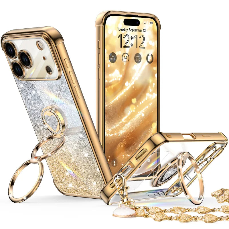 Super Shine glitter bling phone case for iPhone 18 Pro Max with ring stand and wrist strap