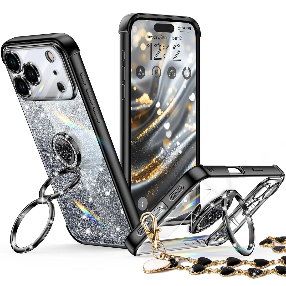 Super Shine glitter bling phone case for iPhone 18 Pro Max with ring stand and wrist strap