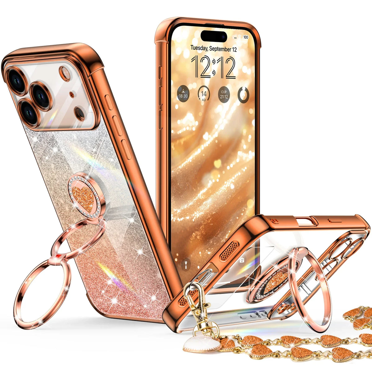 Super Shine glitter bling phone case for iPhone 18 Pro Max with ring stand and wrist strap