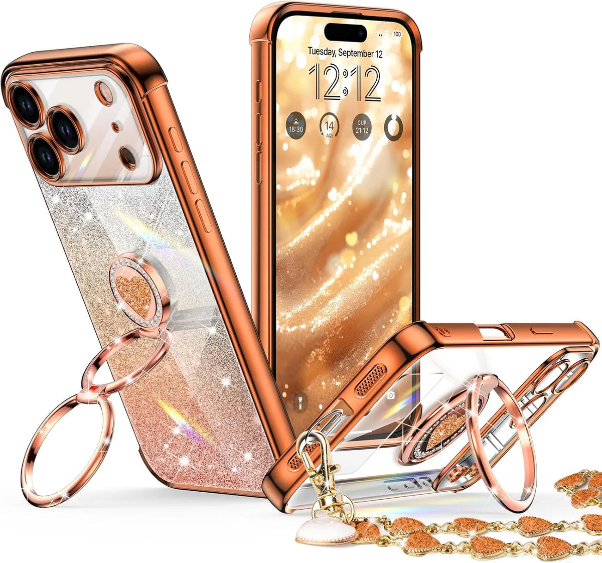 XYZ Super Shine Phone Case for iPhone 18 Pro in Orange — glittery chrome finish with rotating heart ring stand