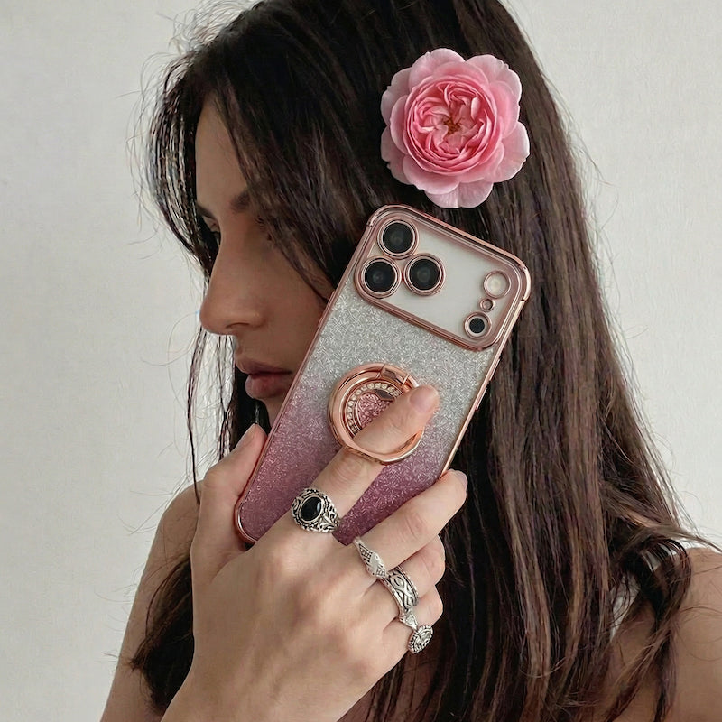 XYZ Super Shine Phone Case for iPhone 17 Pro Max in Pink — glittery chrome design with rotating heart ring stand all-groups