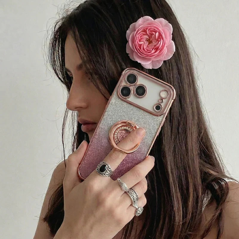 XYZ Super Shine Phone Case for iPhone 18 Pro Max in Pink — glittery chrome design with rotating heart ring stand all-groups