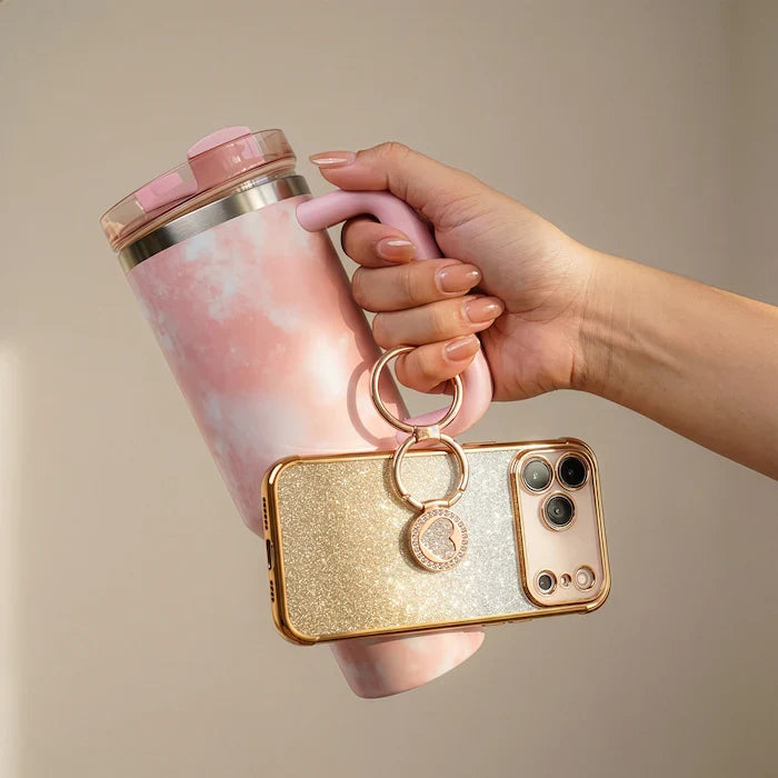XYZ Super Shine Set — glittery chrome finish with rotating heart ring stand, beside a tumbler all-groups