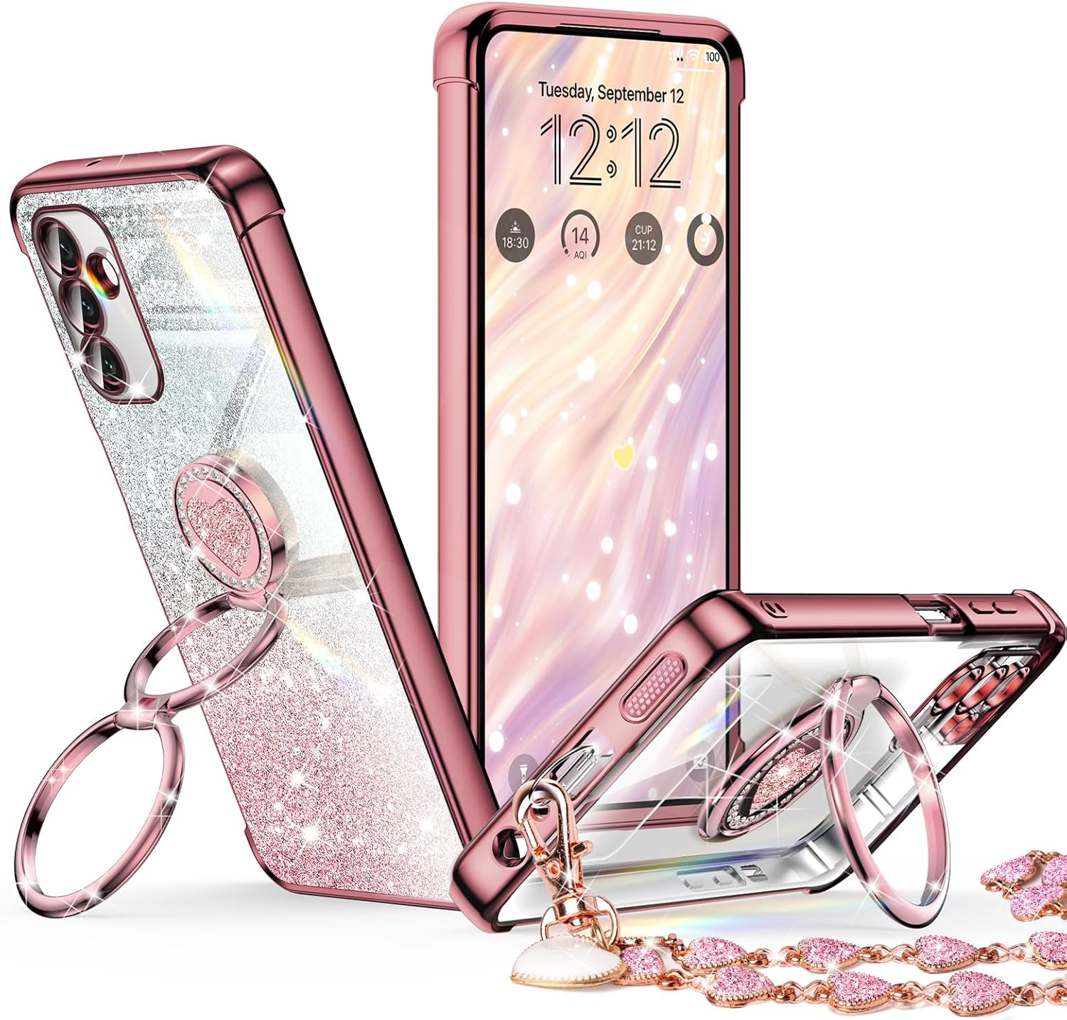 XYZ Super Shine Phone Case for Samsung Galaxy A17 in Pink — glittery chrome design with rotating heart ring stand