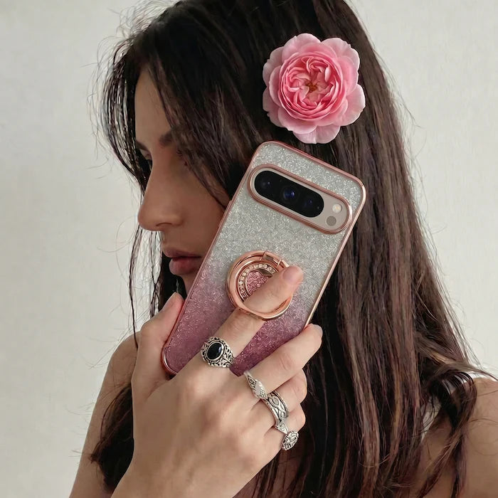 XYZ Super Shine Phone Case for Google Pixel 10 in Pink — glittery chrome design with rotating heart ring stand all-groups