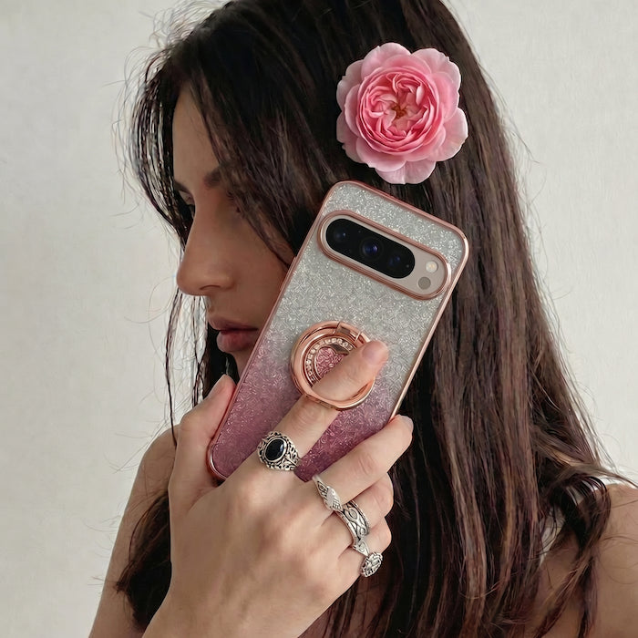 XYZ Super Shine Phone Case for Google Pixel 10 in Pink — glittery chrome design with rotating heart ring stand all-groups