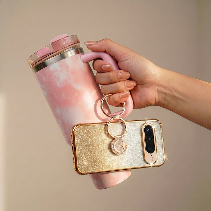 XYZ Super Shine Phone Case for Google Pixel 10 in Gold — glittery chrome design with rotating heart ring  stand all-groups