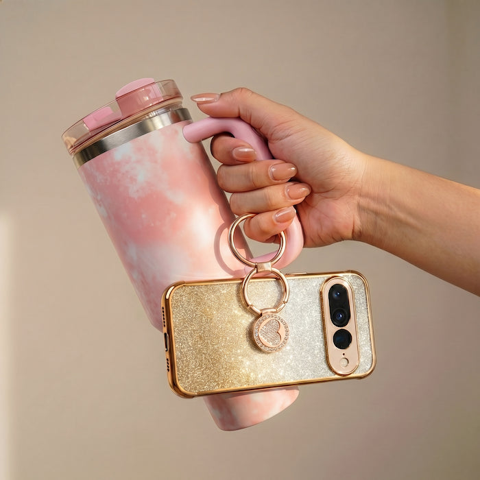 XYZ Super Shine Phone Case for Google Pixel 10 in Gold — glittery chrome design with rotating heart ring stand