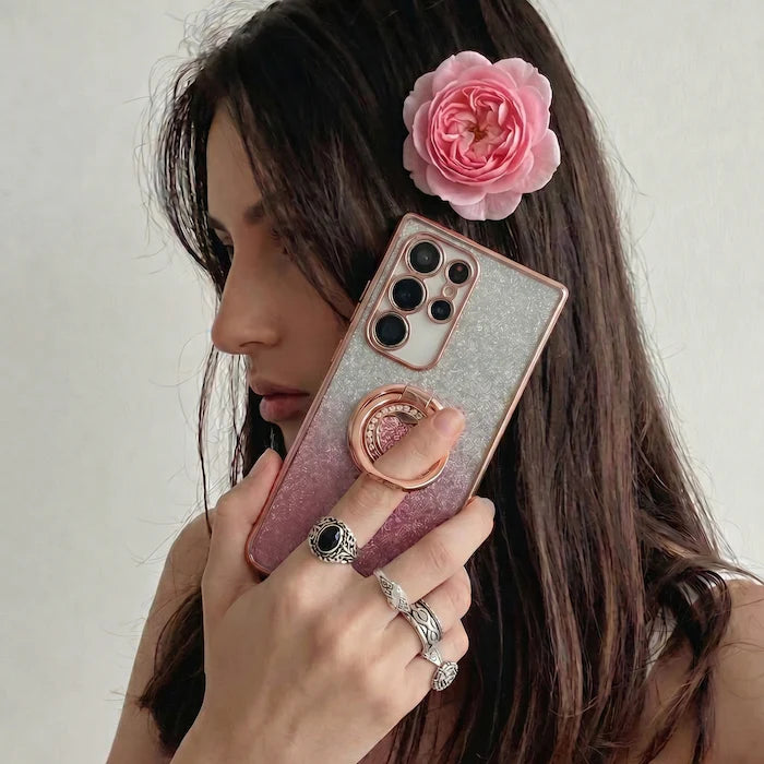 XYZ Super Shine Phone Case for Samsung Galaxy S26 in Pink — glittery chrome design with rotating heart ring stand all-groups