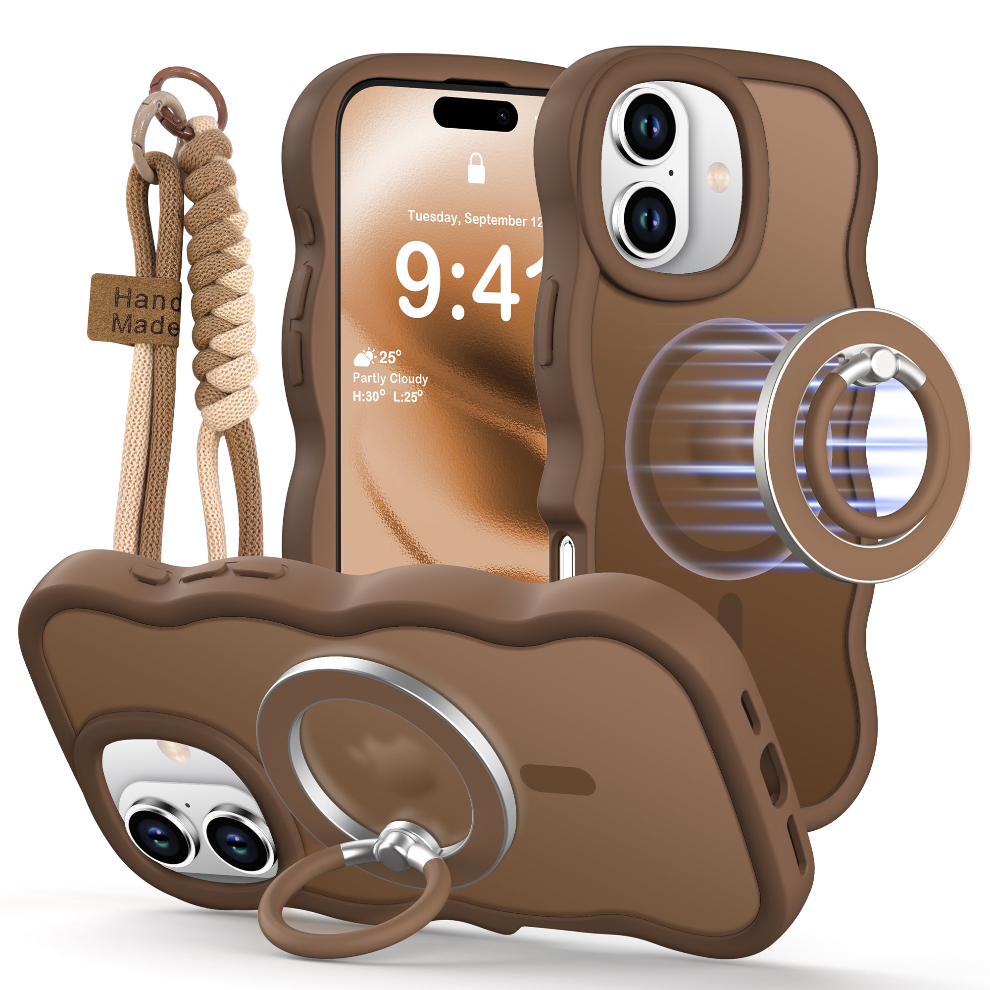 XYZ Trendy Wave Frame Phone Case for iPhone 16 Plus in Brown — translucent wave frame design with ring stand and MagSafe