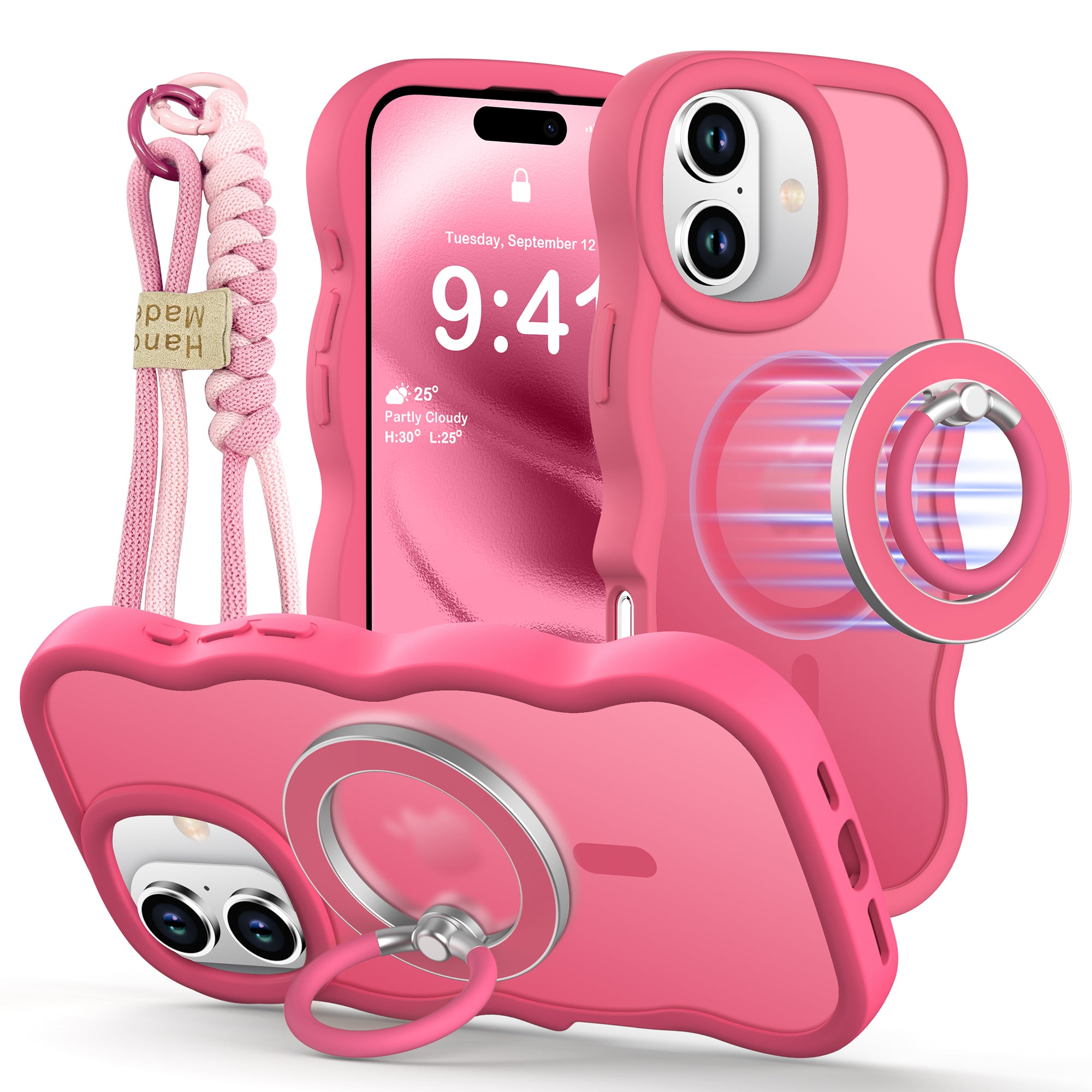 XYZ Trendy Wave Frame Phone Case for iPhone 16 Plus in Hot Pink — translucent wave frame design with ring stand and MagSafe