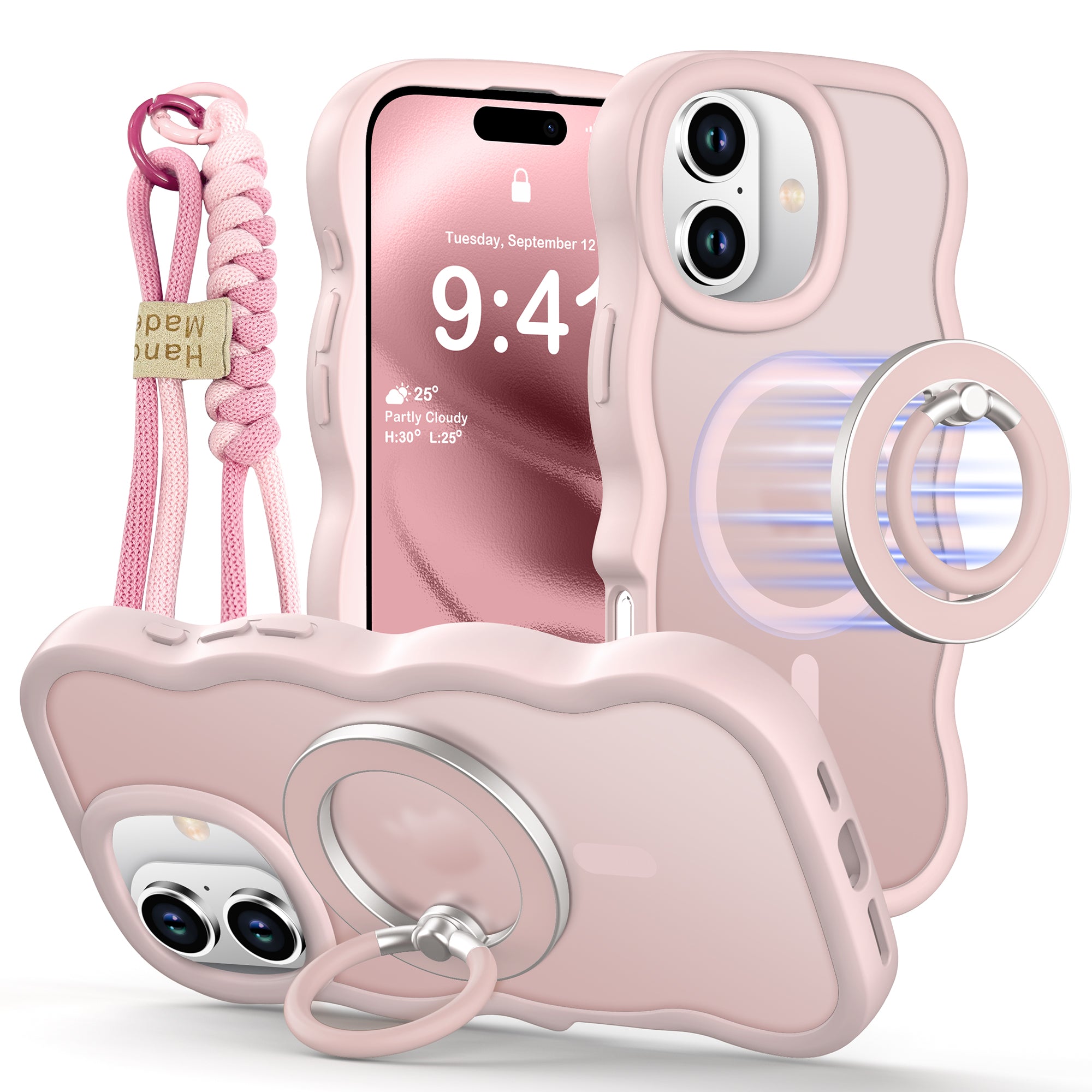 XYZ Trendy Wave Frame Phone Case for iPhone 16 Plus in Pink — translucent wave frame design with ring stand and MagSafe