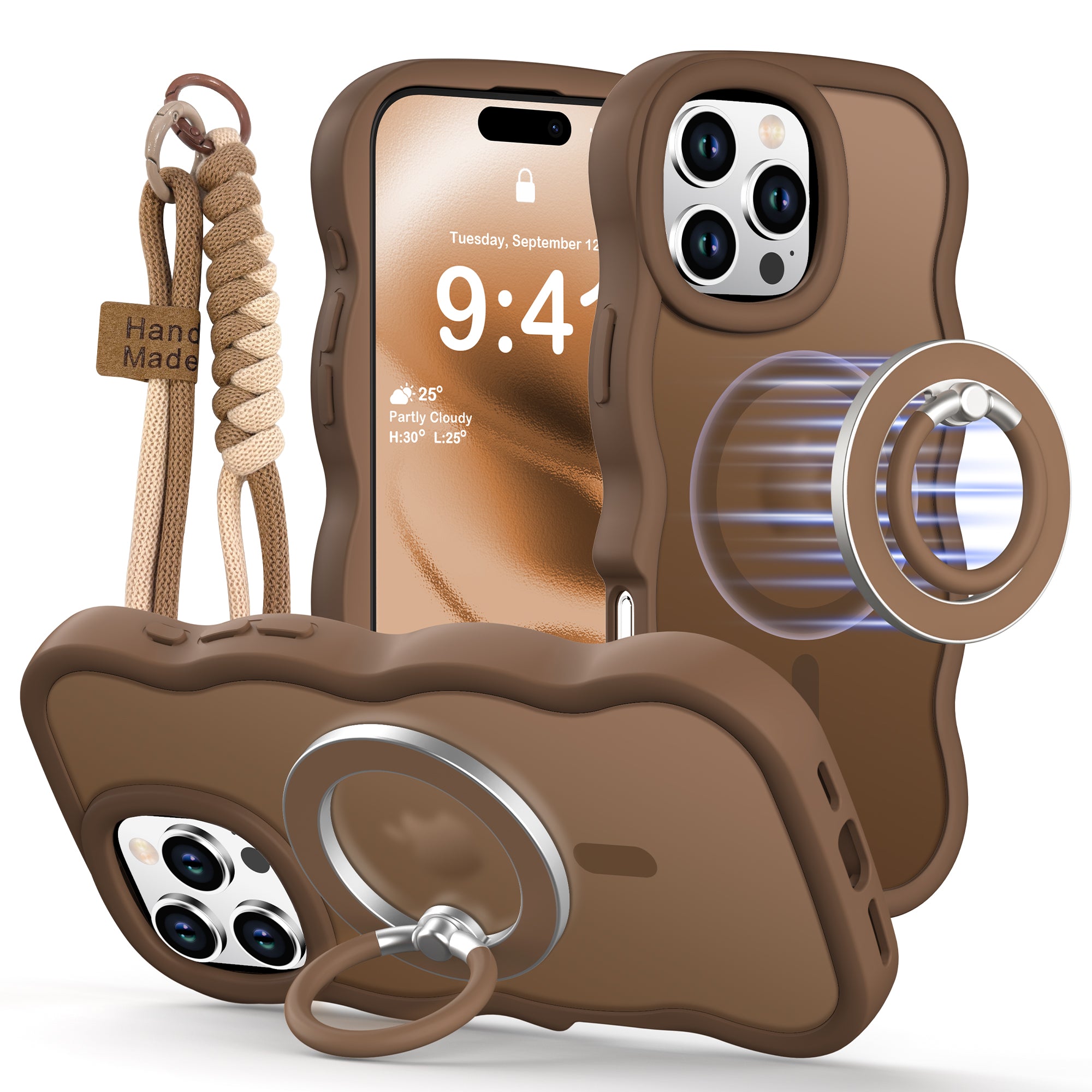 XYZ Trendy Wave Frame Phone Case for iPhone 16 Pro Max in Brown — translucent wave frame design with ring stand and MagSafe