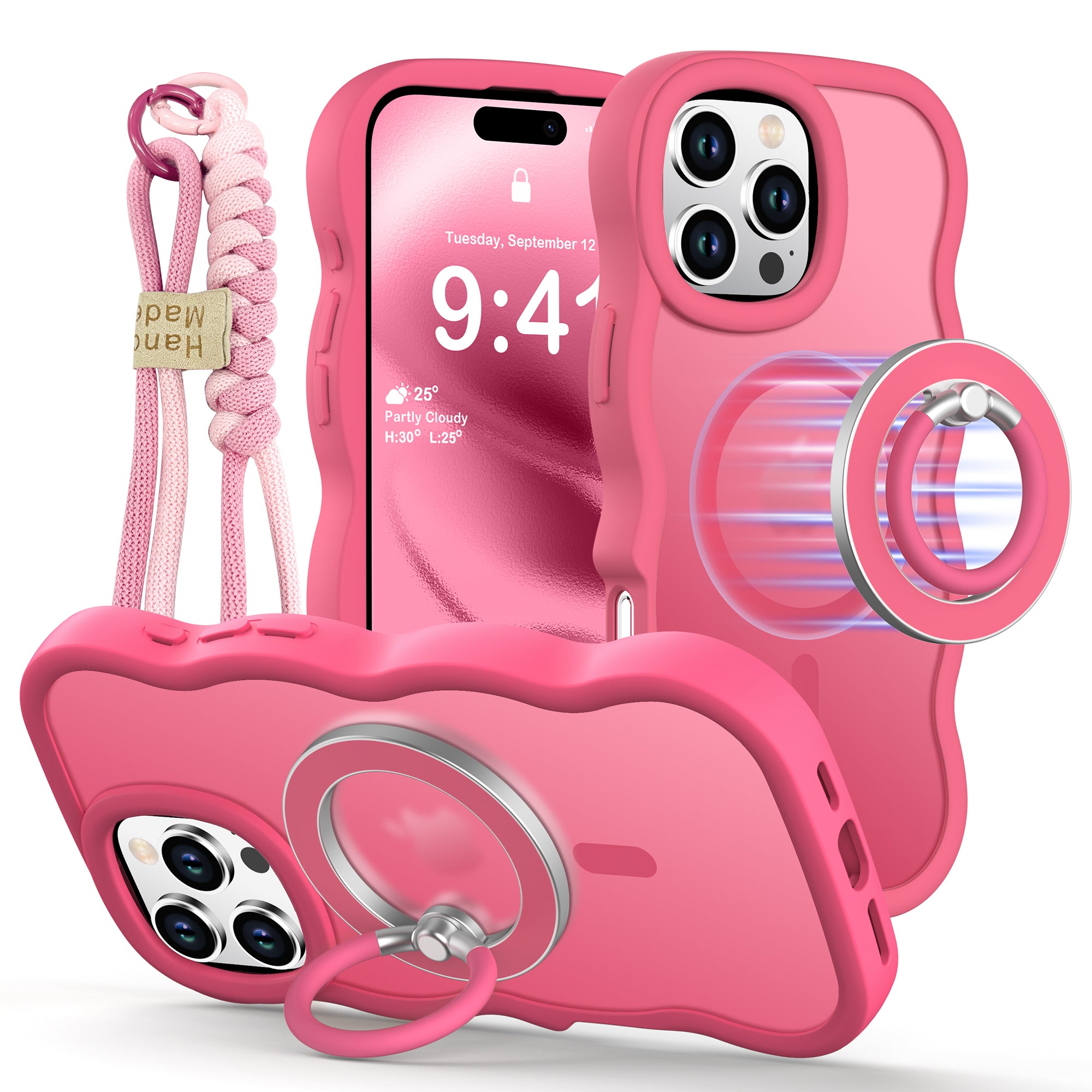 XYZ Trendy Wave Frame Phone Case for iPhone 16 Pro Max in Hot Pink — translucent wave frame design with ring stand and MagSaf