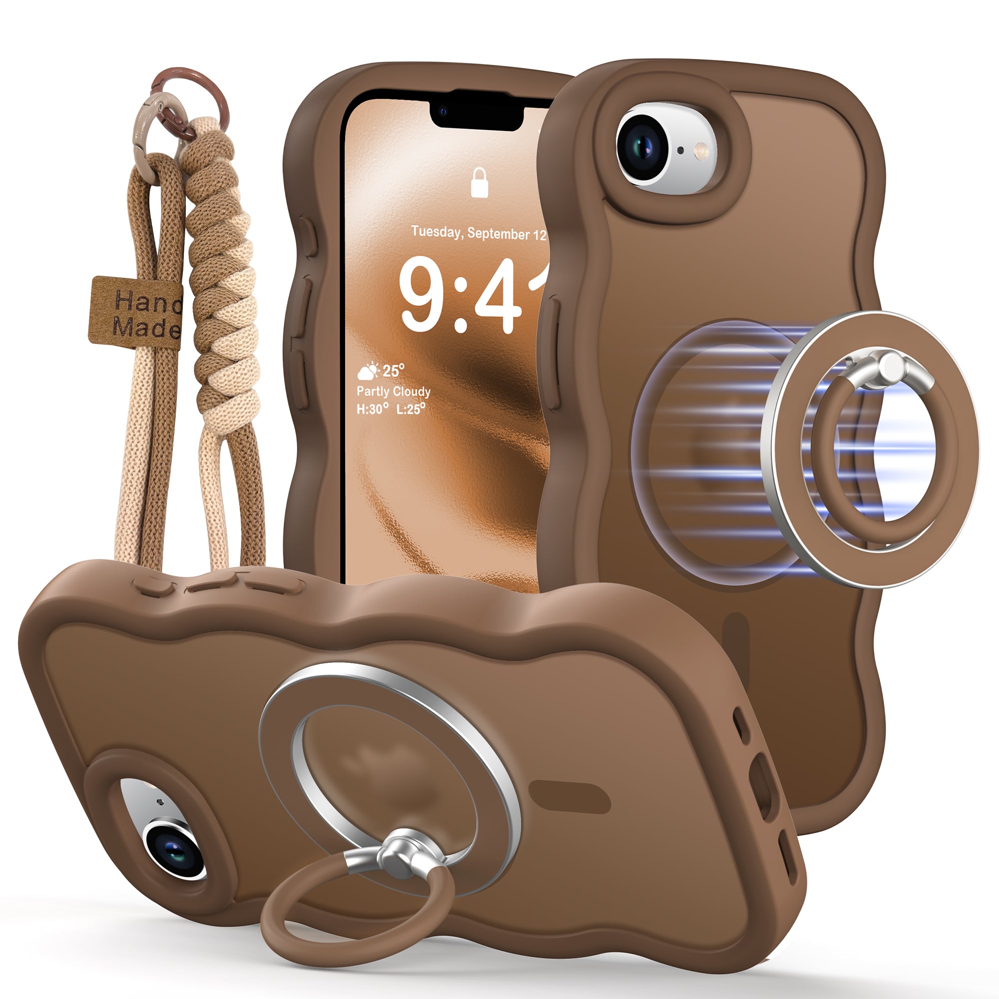 XYZ Trendy Wave Frame Phone Case for iPhone 17 in Brown — translucent wave frame design with ring stand and MagSafe