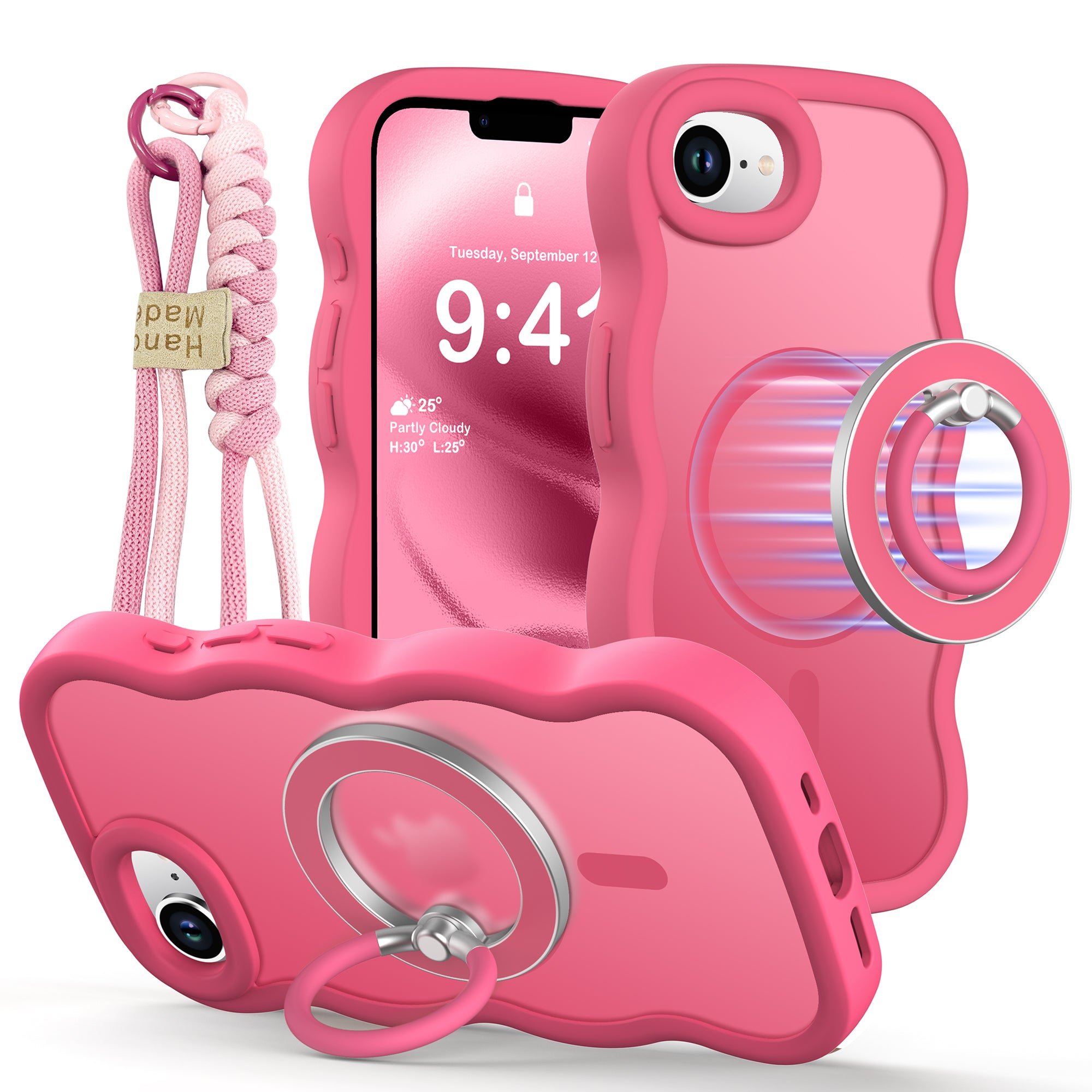 XYZ Trendy Wave Frame Phone Case for iPhone 17 in Hot Pink — translucent wave frame design with ring stand and MagSafe
