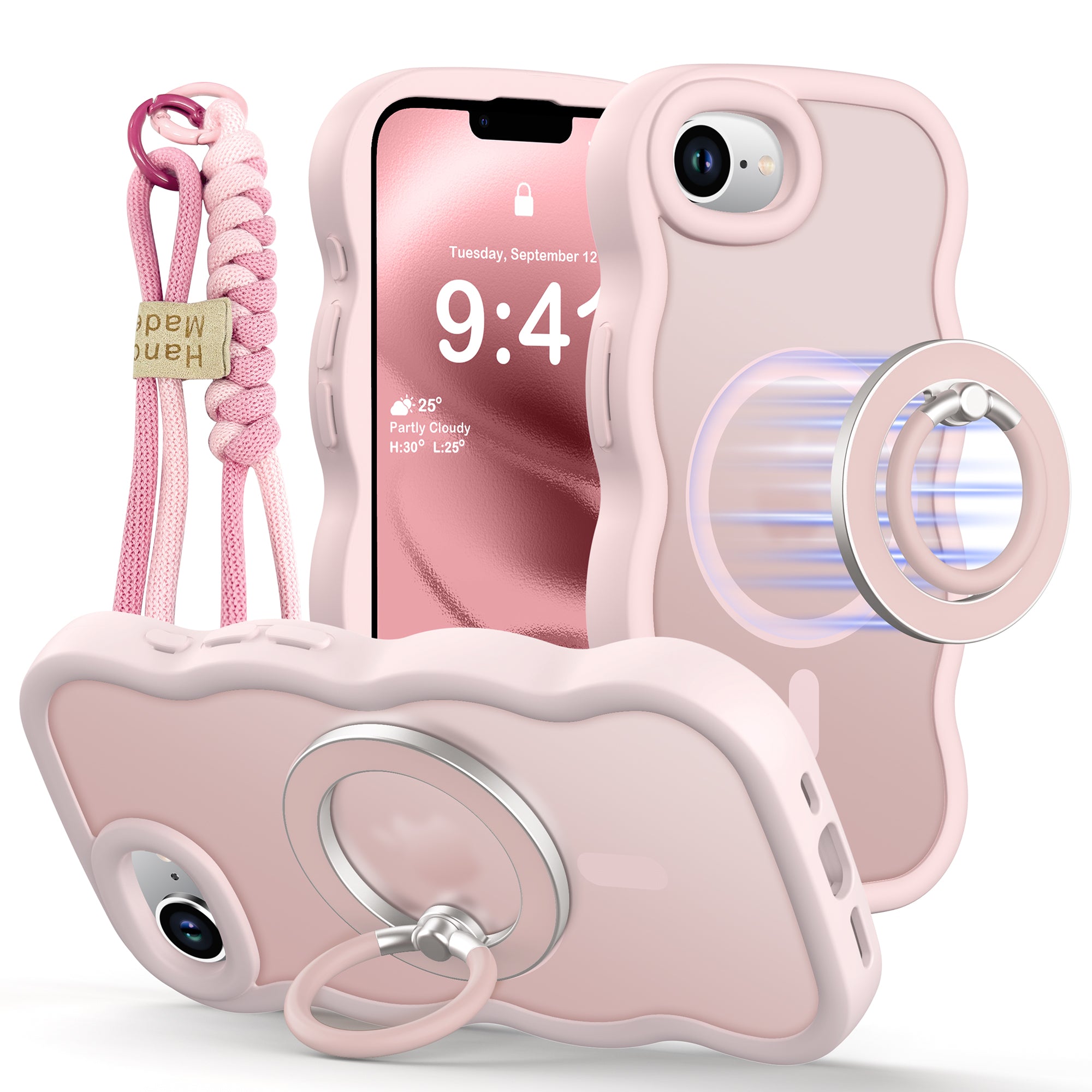 XYZ Trendy Wave Frame Phone Case for iPhone 17 in Pink — translucent wave frame design with ring stand and MagSafe