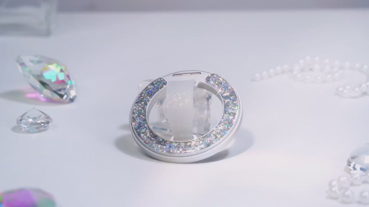 GripMate Ring magnetic phone grip and stand in Glitter Silver and Glitter Pink, rotating and flipping out into a stand